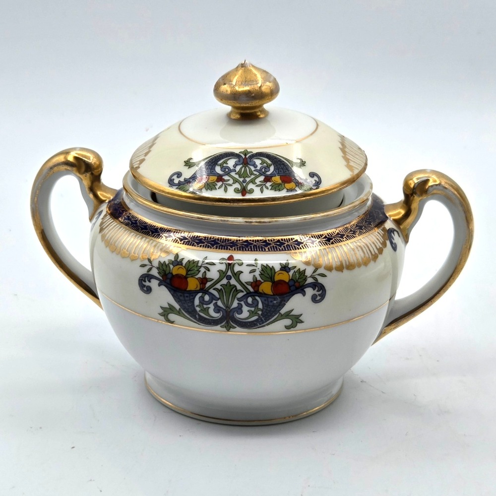 Noritake Sugar Bowl with Lid Art Deco Hand Painted‎ with Gold Trim Japan